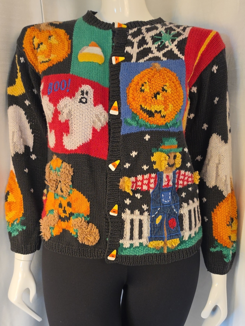 The Eagle's Eye Vintage Halloween Hand Knit Cardigan Black and Orange Size XL